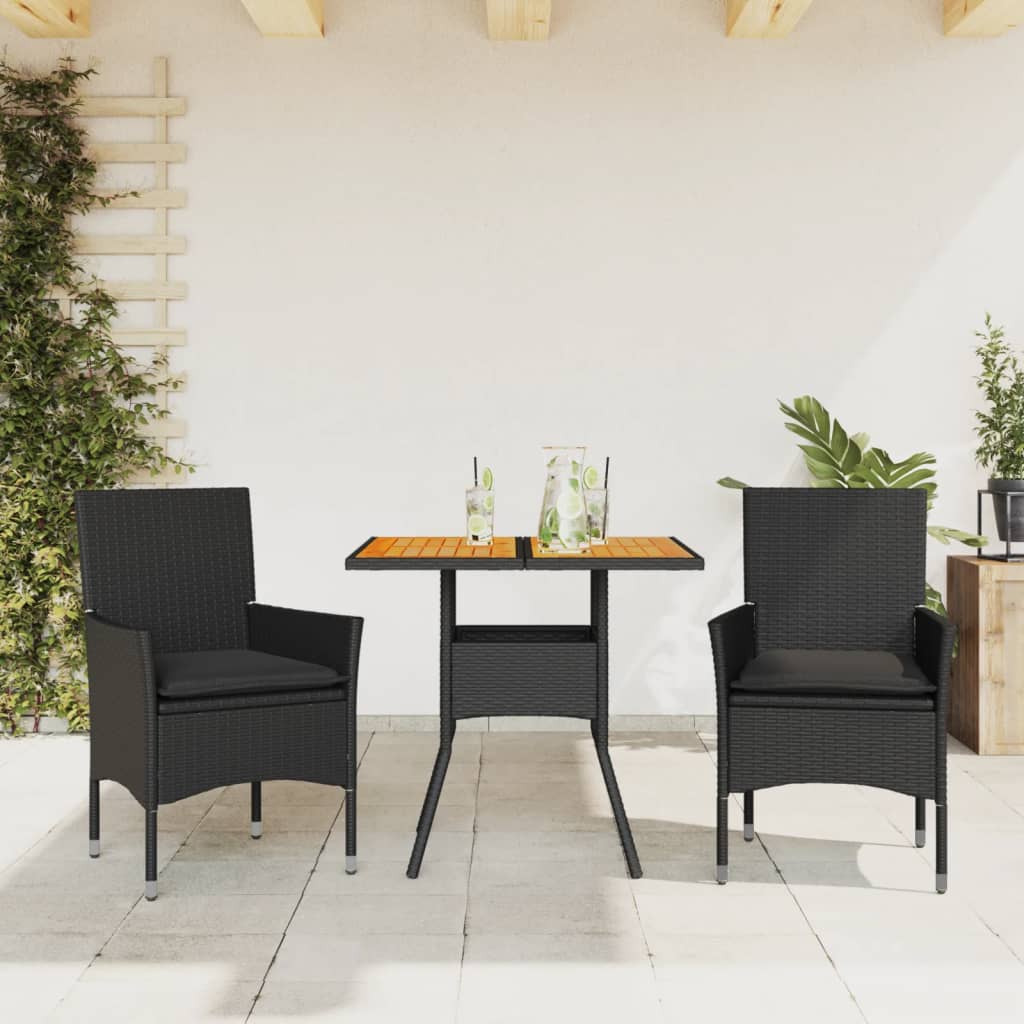 3-tlg. Garten-Essgruppe mit Kissen Schwarz Poly Rattan Akazie