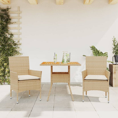 3-tlg. Garten-Essgruppe mit Kissen Beige Poly Rattan Akazie