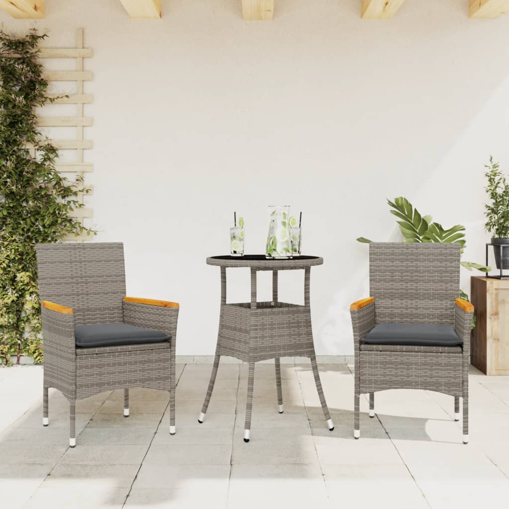 3-tlg. Garten-Essgruppe mit Kissen Grau Poly Rattan und Glas