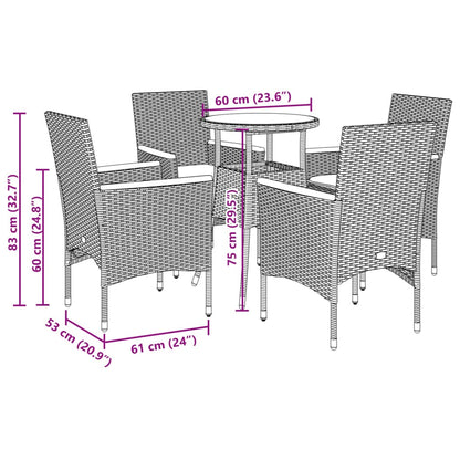 5-tlg. Garten-Essgruppe mit Kissen Grau Poly Rattan und Glas