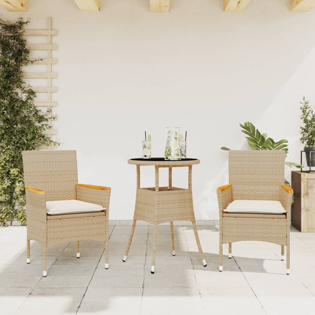 3-tlg. Garten-Essgruppe mit Kissen Beige Poly Rattan und Glas