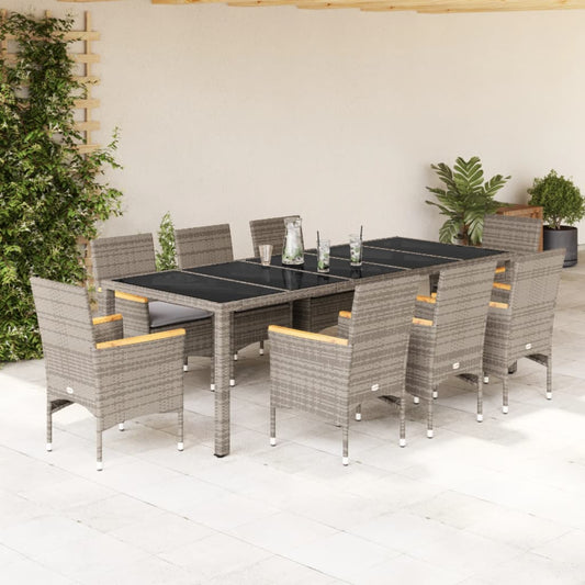 9-tlg. Garten-Essgruppe mit Kissen Grau Poly Rattan und Glas