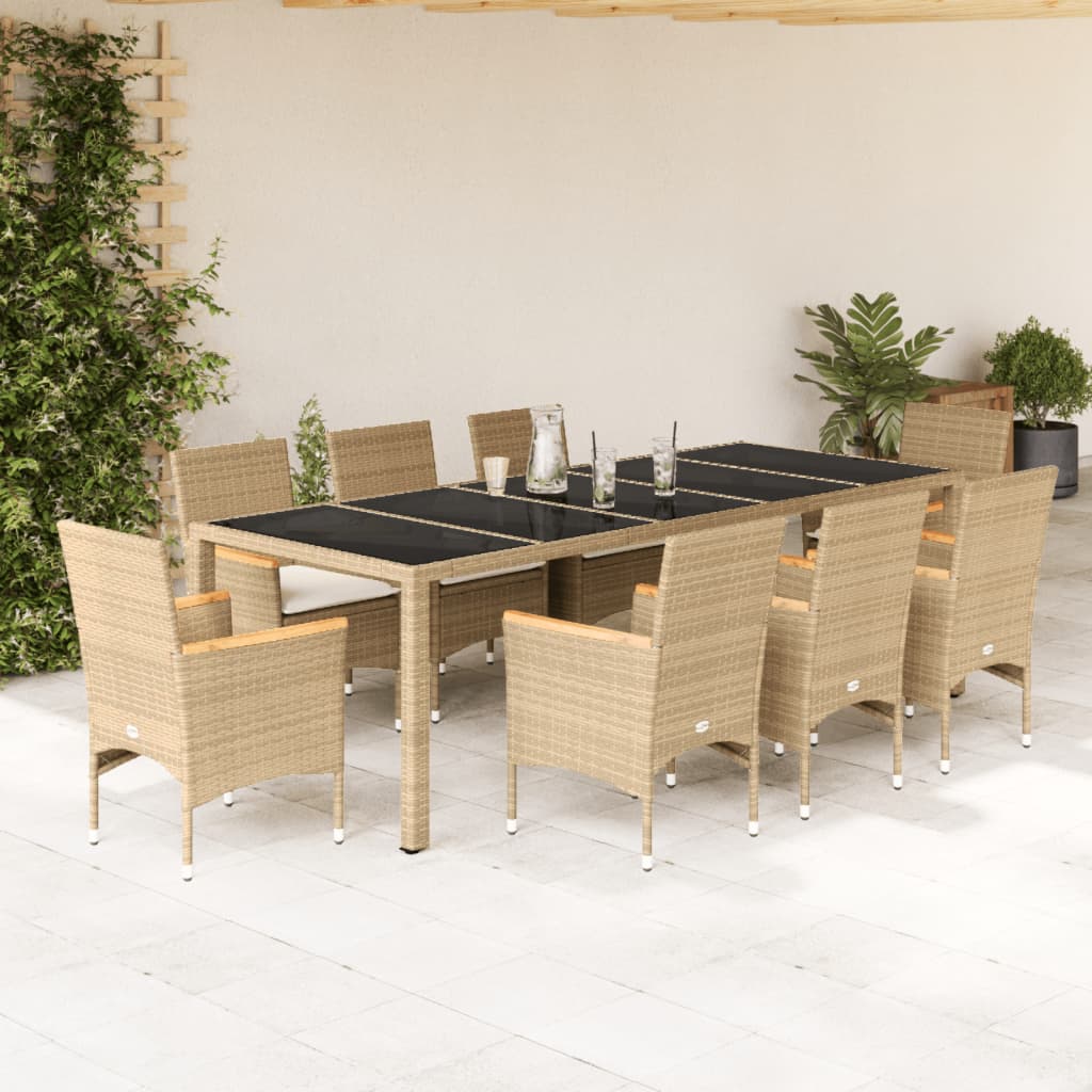 9-tlg. Garten-Essgruppe mit Kissen Beige Poly Rattan Glas