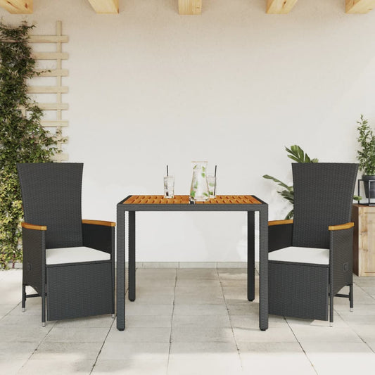 3-tlg. Garten-Essgruppe mit Kissen Schwarz Poly Rattan