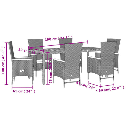 7-tlg. Garten-Essgruppe mit Kissen Schwarz Poly Rattan