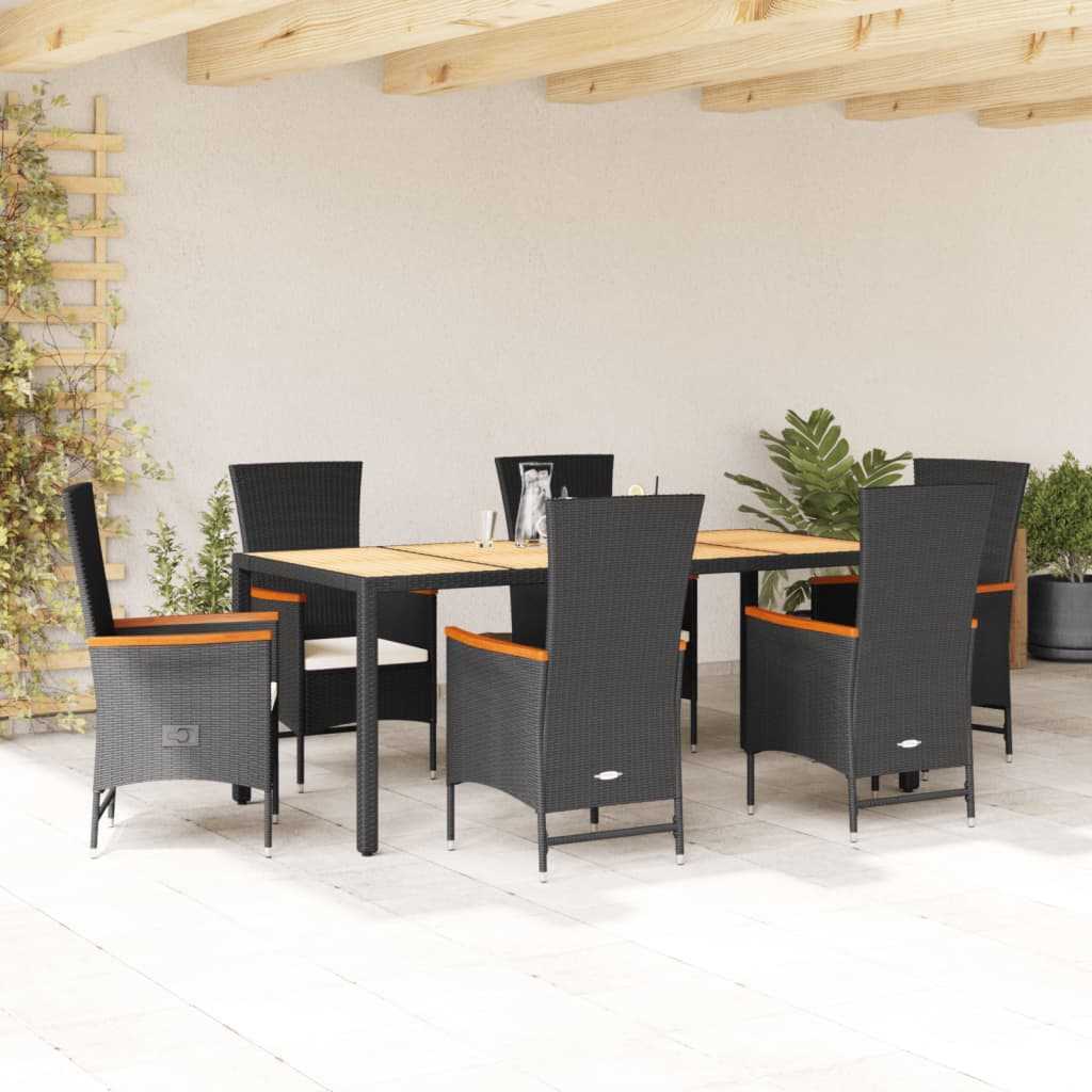 7-tlg. Garten-Essgruppe mit Kissen Schwarz Poly Rattan