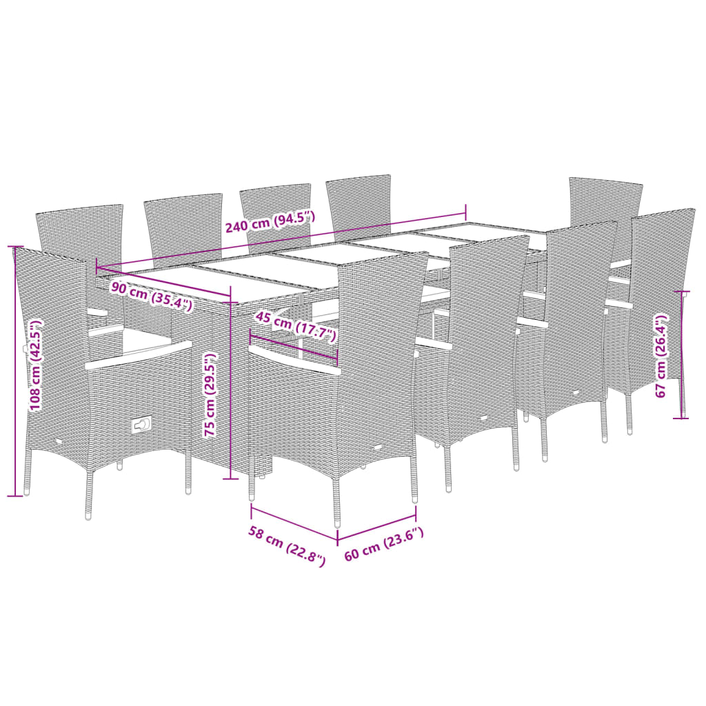 11-tlg. Garten-Essgruppe mit Kissen Grau Poly Rattan