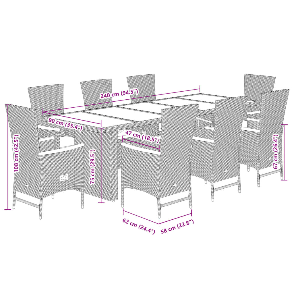 9-tlg. Garten-Essgruppe mit Kissen Grau Poly Rattan