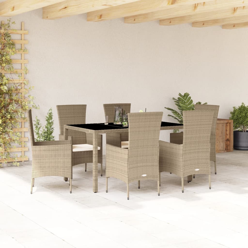 7-tlg. Garten-Essgruppe mit Kissen Beige Poly Rattan