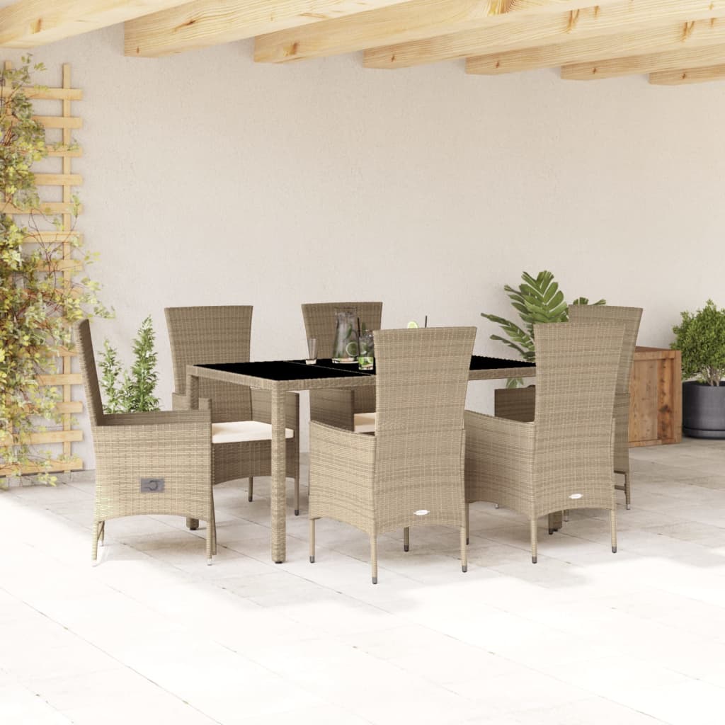 7-tlg. Garten-Essgruppe mit Kissen Beige Poly Rattan