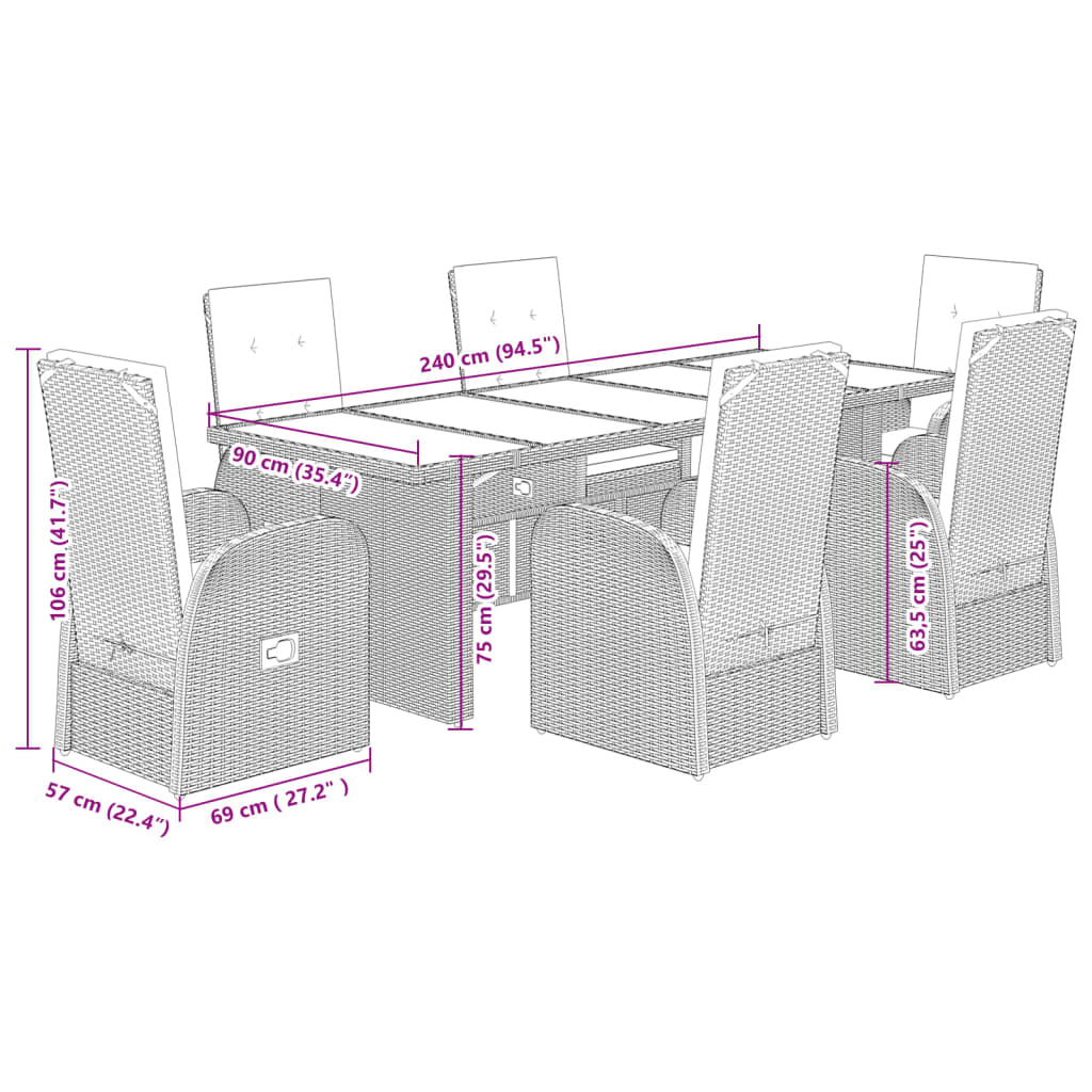 7-tlg. Garten-Essgruppe mit Kissen Grau Poly Rattan