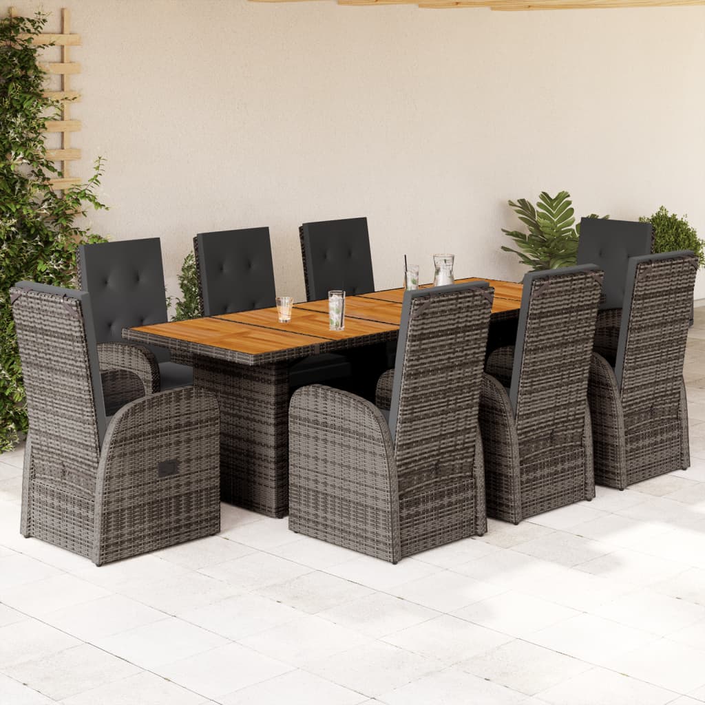 9-tlg. Garten-Essgruppe mit Kissen Grau Poly Rattan