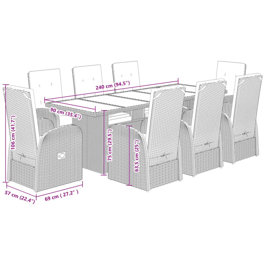 9-tlg. Garten-Essgruppe mit Kissen Grau Poly Rattan