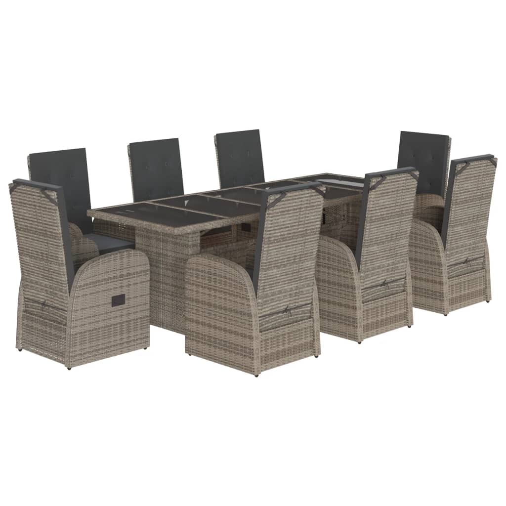 9-tlg. Garten-Essgruppe mit Kissen Grau Poly Rattan