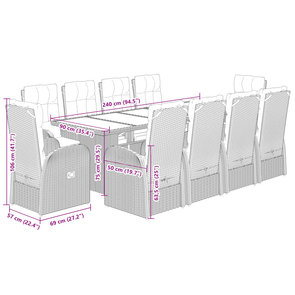 11-tlg. Garten-Essgruppe mit Kissen Schwarz Poly Rattan