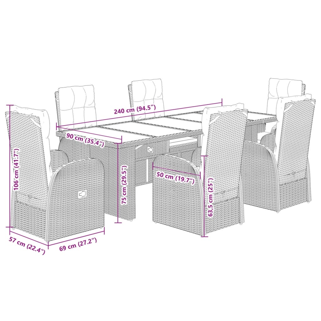 7-tlg. Garten-Essgruppe mit Kissen Schwarz Poly Rattan