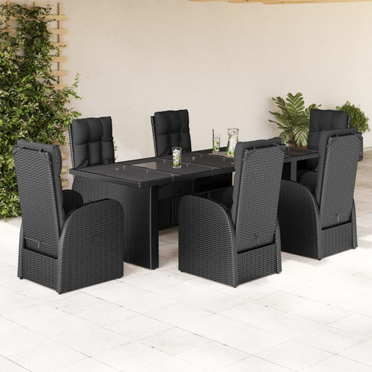 7-tlg. Garten-Essgruppe mit Kissen Schwarz Poly Rattan