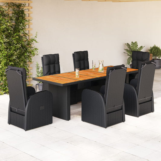 7-tlg. Garten-Essgruppe mit Kissen Schwarz Poly Rattan