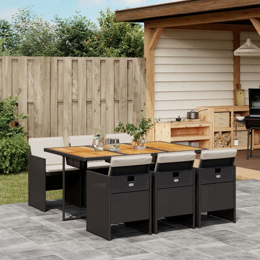 7-tlg. Garten-Essgruppe mit Kissen Schwarz Poly Rattan