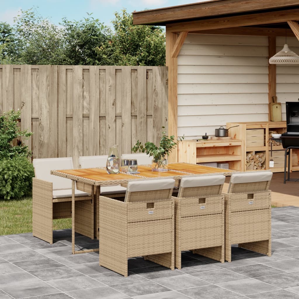 7-tlg. Garten-Essgruppe mit Kissen Beige Poly Rattan