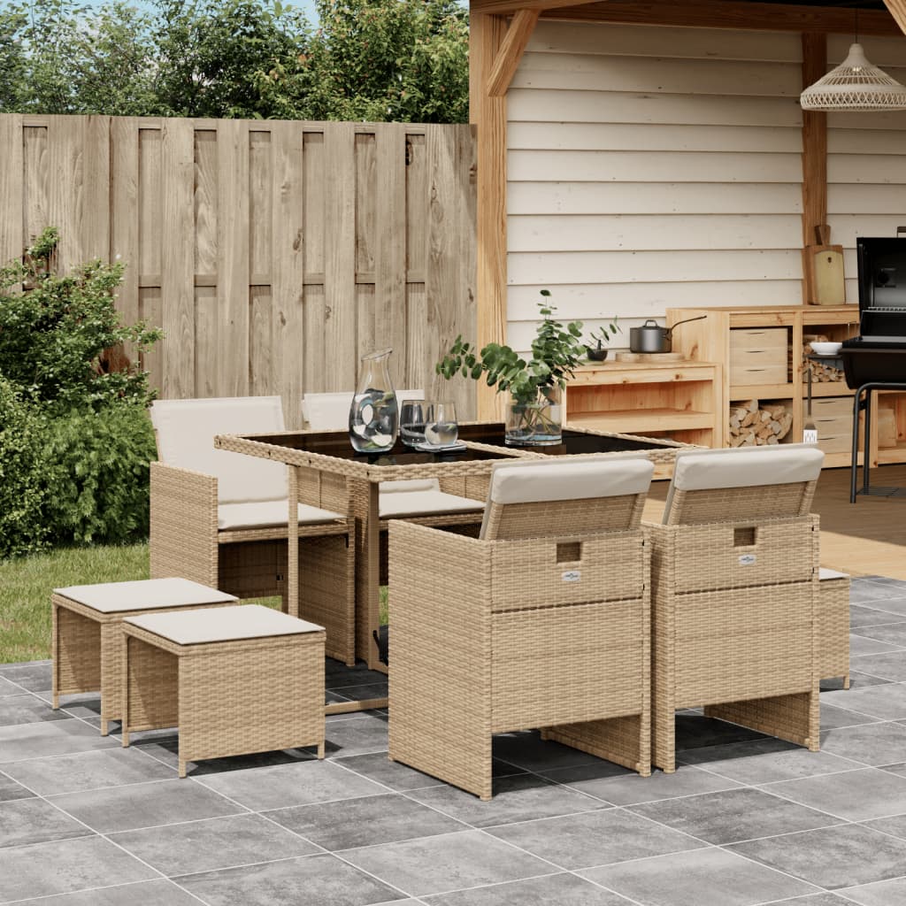 9-tlg. Garten-Essgruppe mit Kissen Beige Poly Rattan