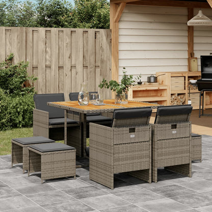 9-tlg. Garten-Essgruppe mit Kissen Grau Poly Rattan