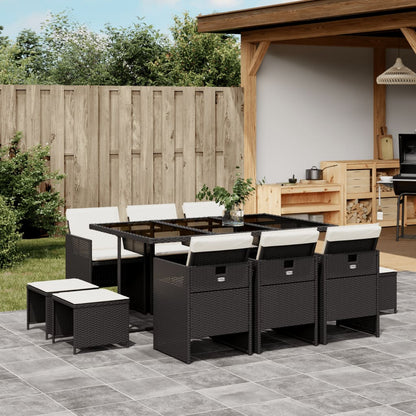 11-tlg. Garten-Essgruppe mit Kissen Schwarz Poly Rattan