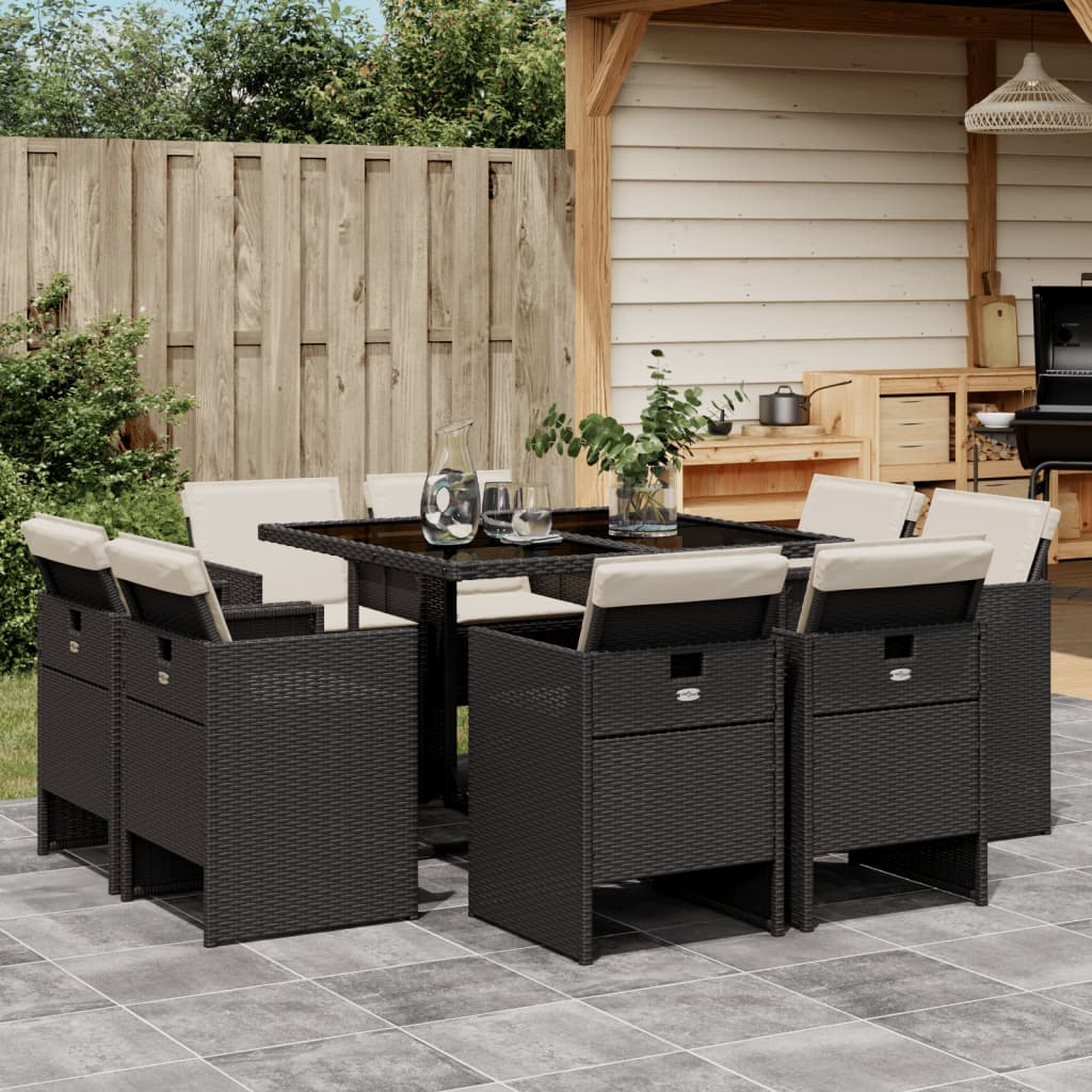 9-tlg. Garten-Essgruppe mit Kissen Schwarz Poly Rattan