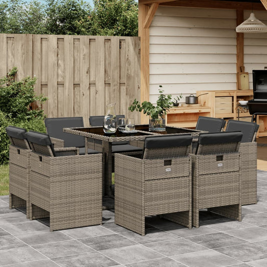 9-tlg. Garten-Essgruppe mit Kissen Grau Poly Rattan