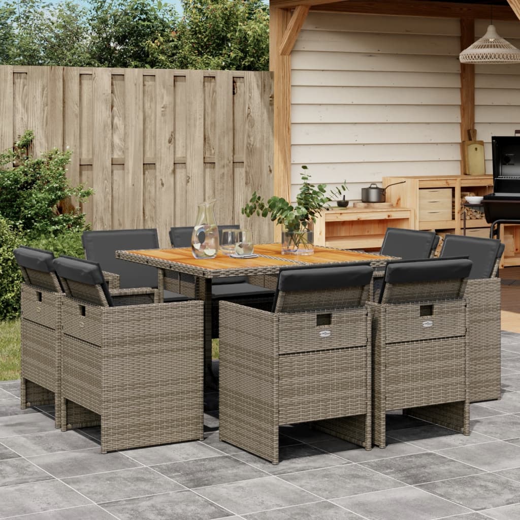 9-tlg. Garten-Essgruppe mit Kissen Grau Poly Rattan