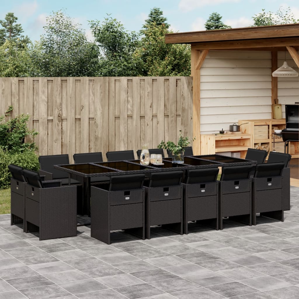 15-tlg. Garten-Essgruppe mit Kissen Schwarz Poly Rattan