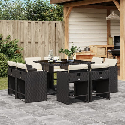 9-tlg. Garten-Essgruppe mit Kissen Schwarz Poly Rattan