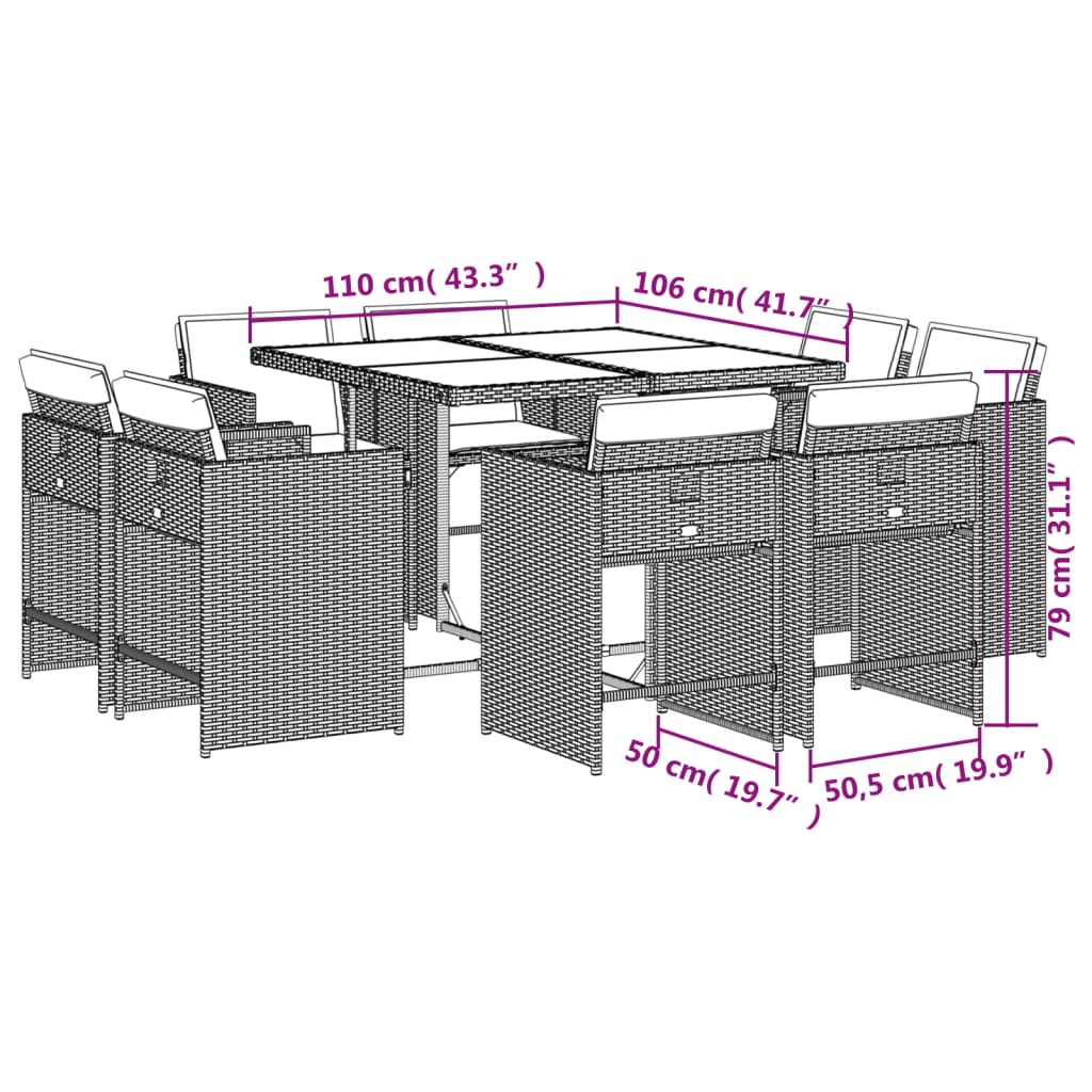 9-tlg. Garten-Essgruppe mit Kissen Grau Poly Rattan