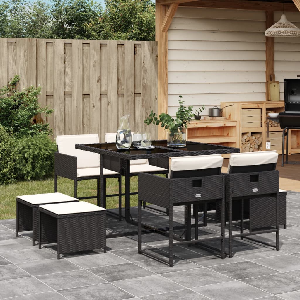 9-tlg. Garten-Essgruppe mit Kissen Schwarz Poly Rattan