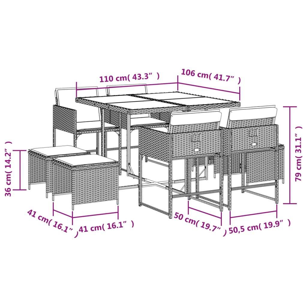 9-tlg. Garten-Essgruppe mit Kissen Schwarz Poly Rattan