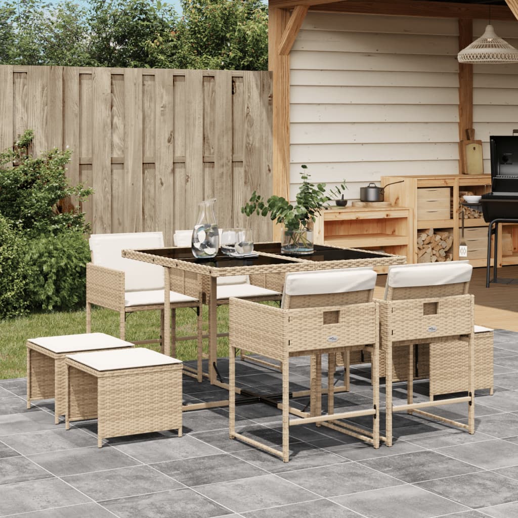 9-tlg. Garten-Essgruppe mit Kissen Beige Poly Rattan