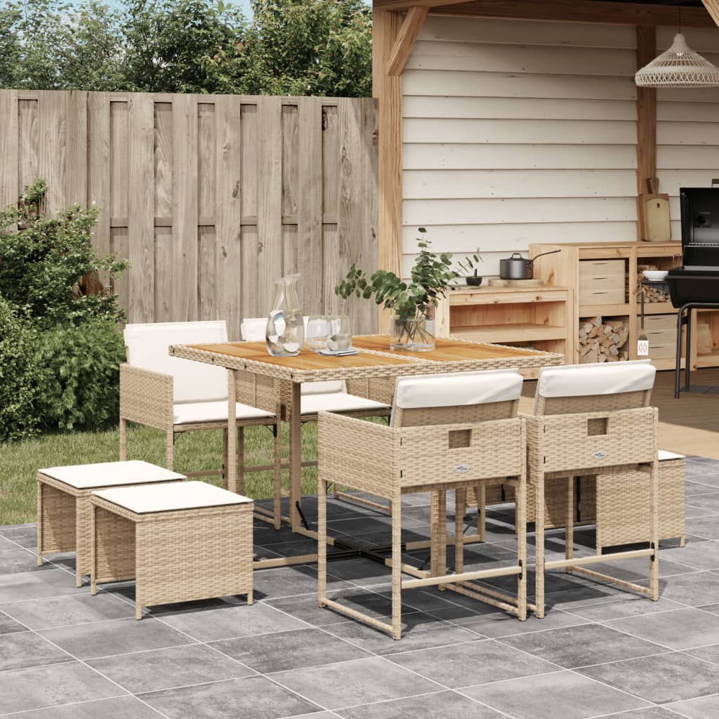 9-tlg. Garten-Essgruppe mit Kissen Beige Poly Rattan