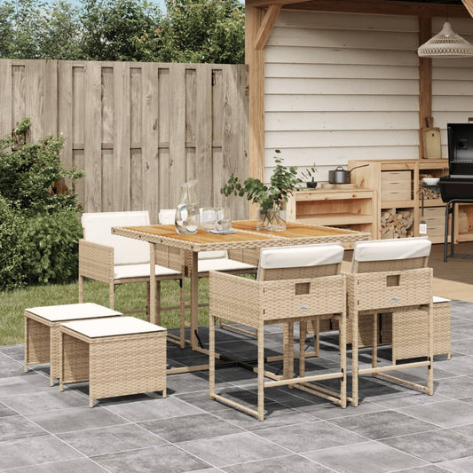 9-tlg. Garten-Essgruppe mit Kissen Beige Poly Rattan