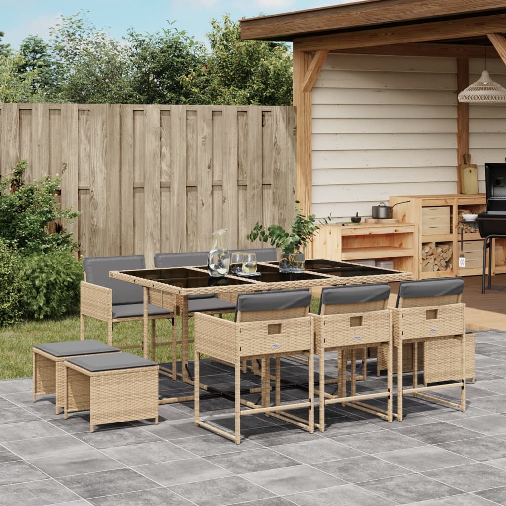 11-tlg. Garten-Essgruppe mit Kissen Beigemischung Poly Rattan