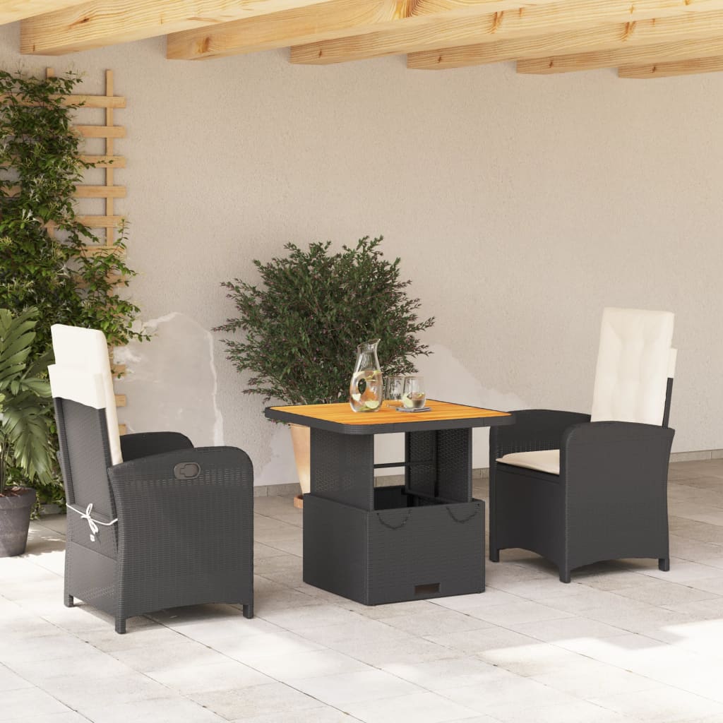 3-tlg. Garten-Essgruppe mit Kissen Schwarz Poly Rattan