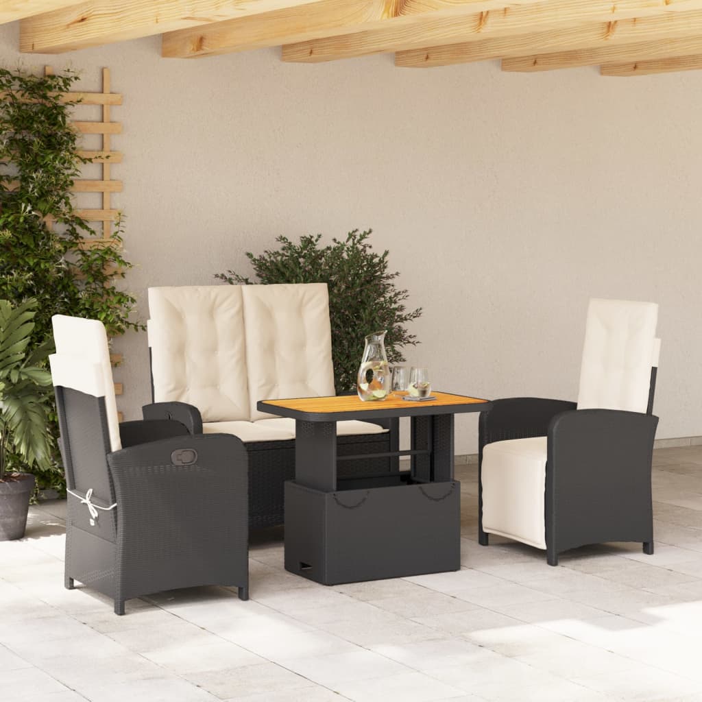 4-tlg. Garten-Essgruppe mit Kissen Schwarz Poly Rattan