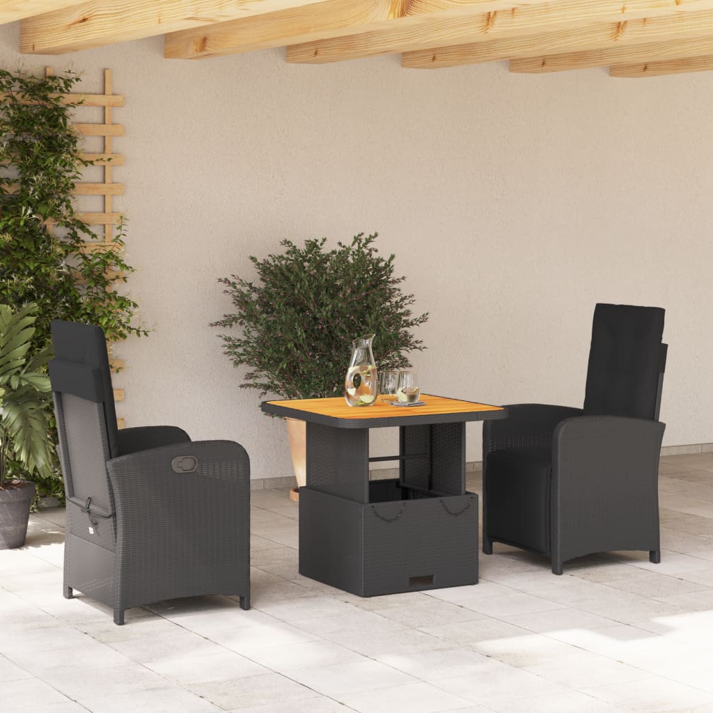 3-tlg. Garten-Essgruppe mit Kissen Schwarz Poly Rattan