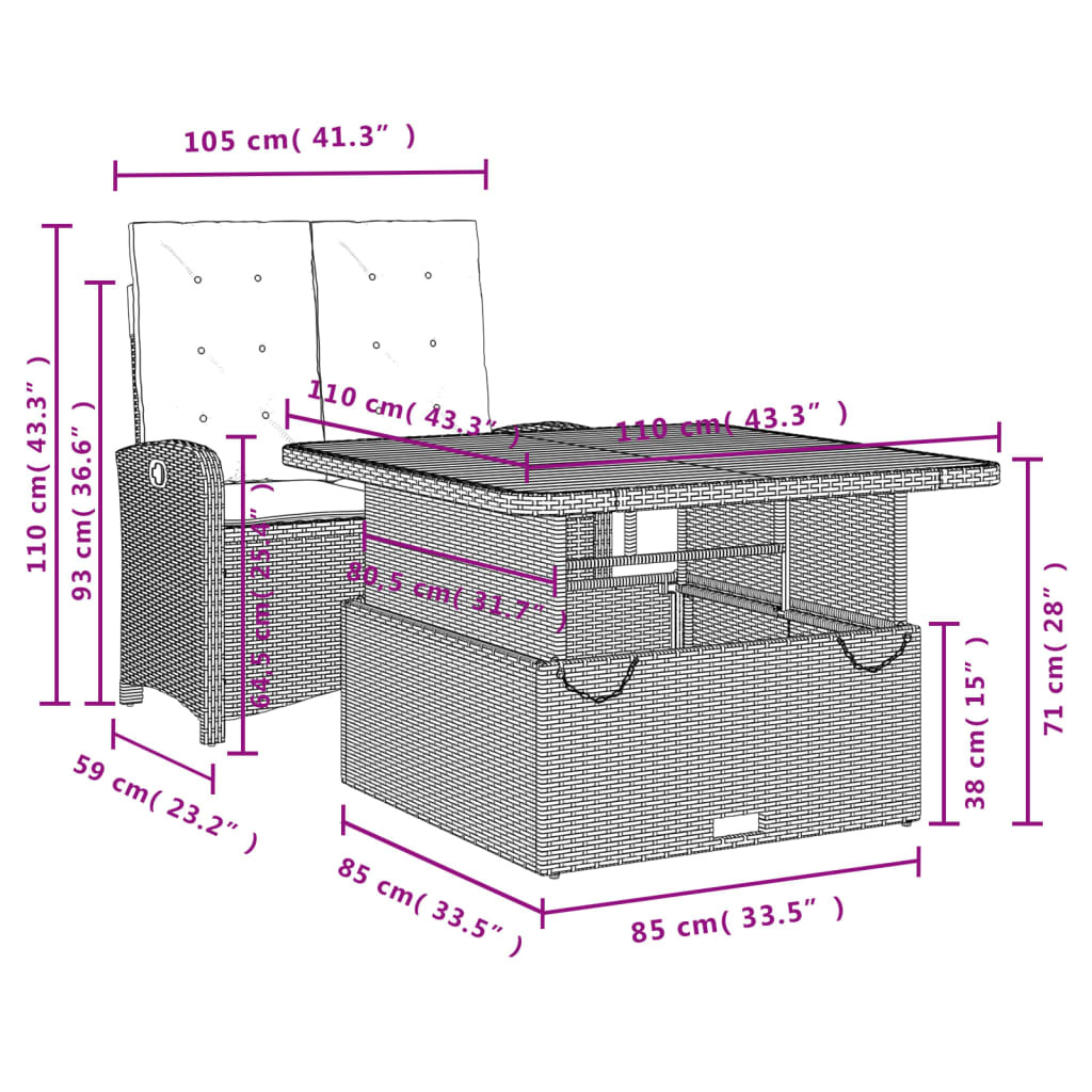 2-tlg. Garten-Essgruppe mit Kissen Schwarz Poly Rattan