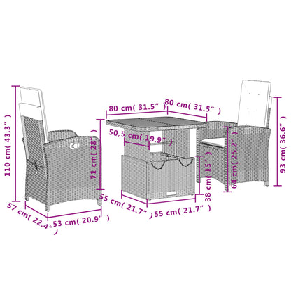 3-tlg. Garten-Essgruppe mit Kissen Grau Poly Rattan