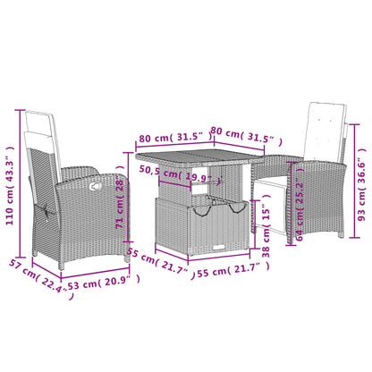 3-tlg. Garten-Essgruppe mit Kissen Grau Poly Rattan