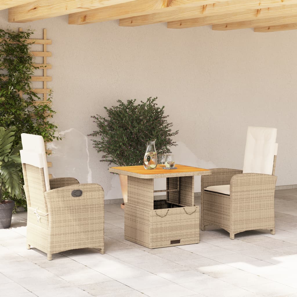 3-tlg. Garten-Essgruppe mit Kissen Beige Poly Rattan