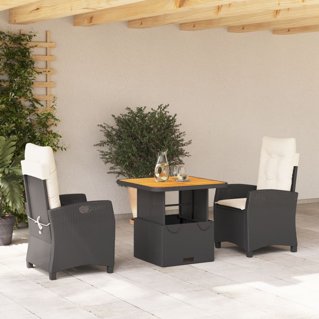 3-tlg. Garten-Essgruppe mit Kissen Schwarz Poly Rattan