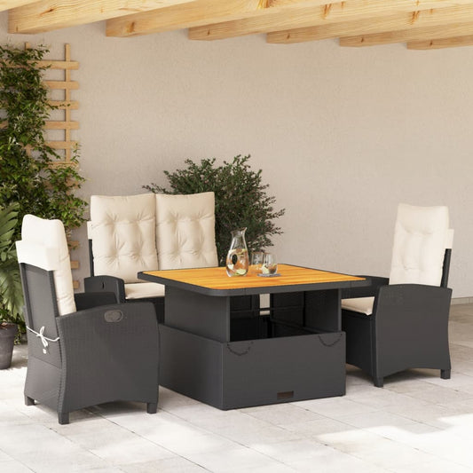 4-tlg. Garten-Essgruppe mit Kissen Schwarz Poly Rattan