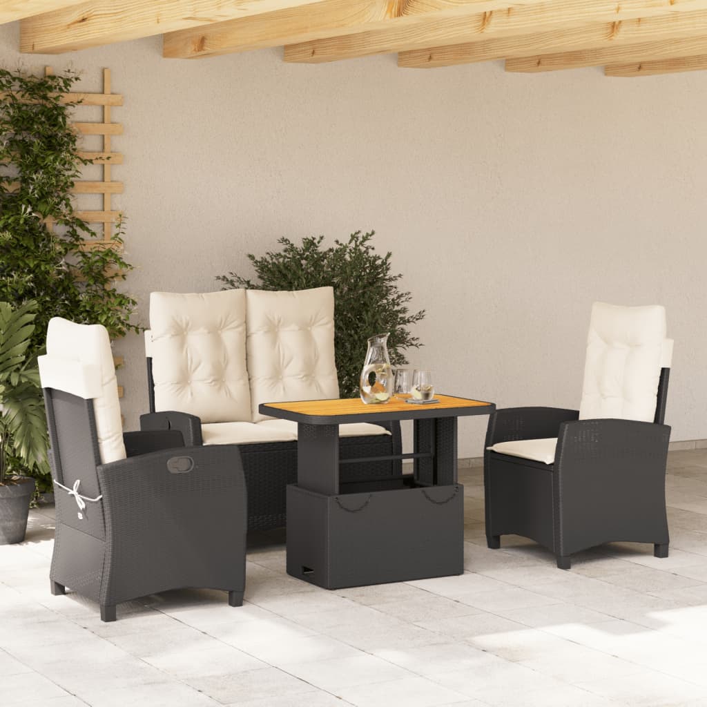 4-tlg. Garten-Essgruppe mit Kissen Schwarz Poly Rattan