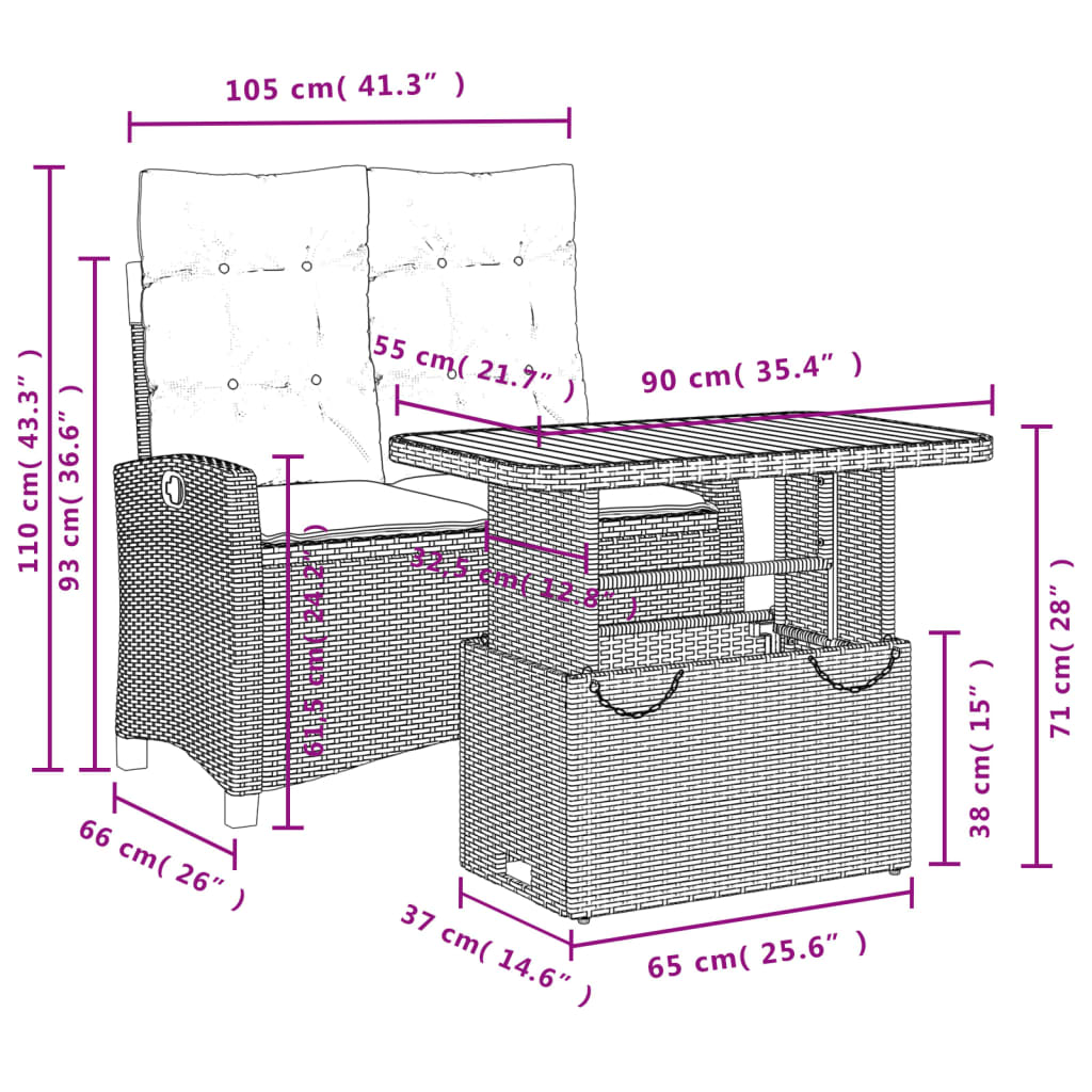 2-tlg. Garten-Essgruppe mit Kissen Schwarz Poly Rattan